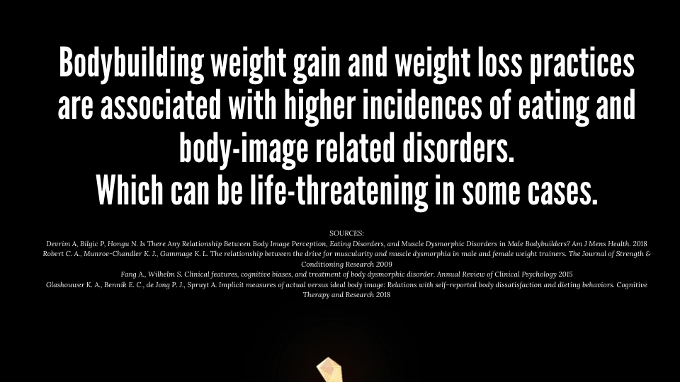 Bodybuilding weight gain and weight loss practices are associated with higher incidences of eating and body-image related disorders.