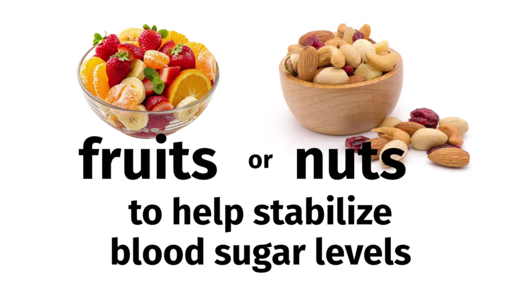 Kevin recommends snacking on fruits or nuts in between meals as part of a natural bodybuilding diet to help stabilize blood sugar levels