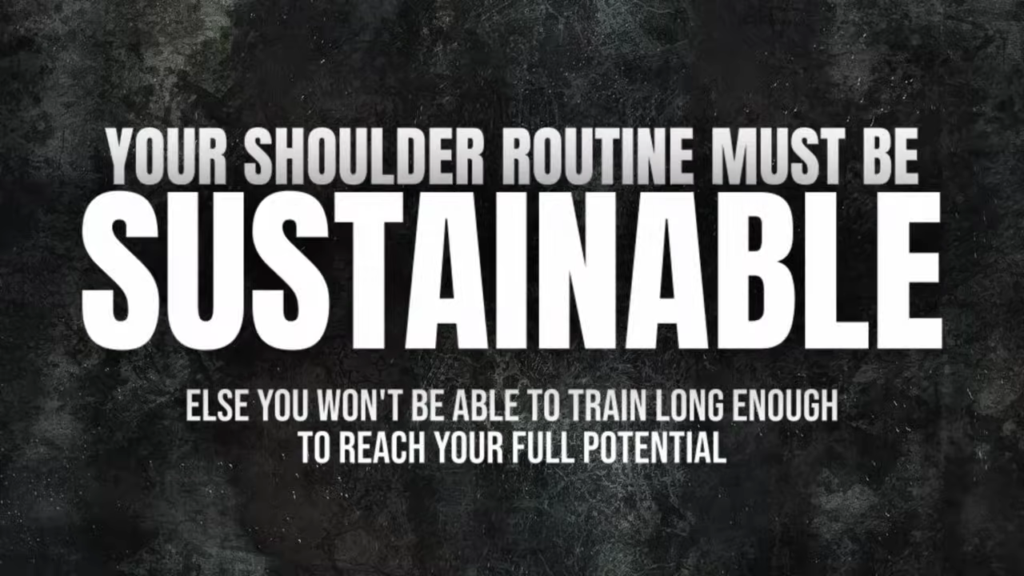 Text emphasizing that you shoulder routine must be sustainable else you won't be able to train to reach your full potential