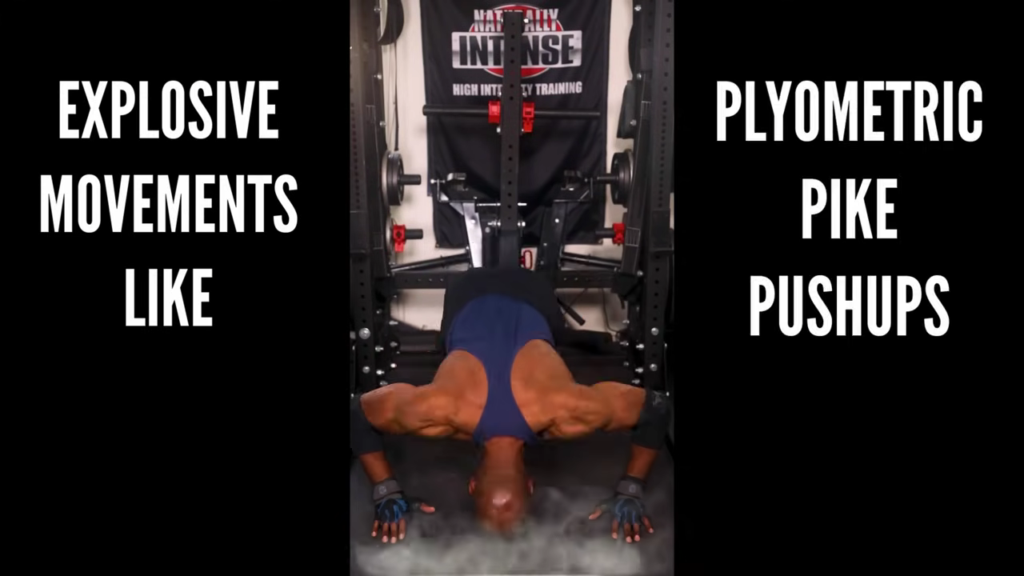 To add variety away from standard shoulder presses Kevin uses explosive movements like plyometric pike pushups
