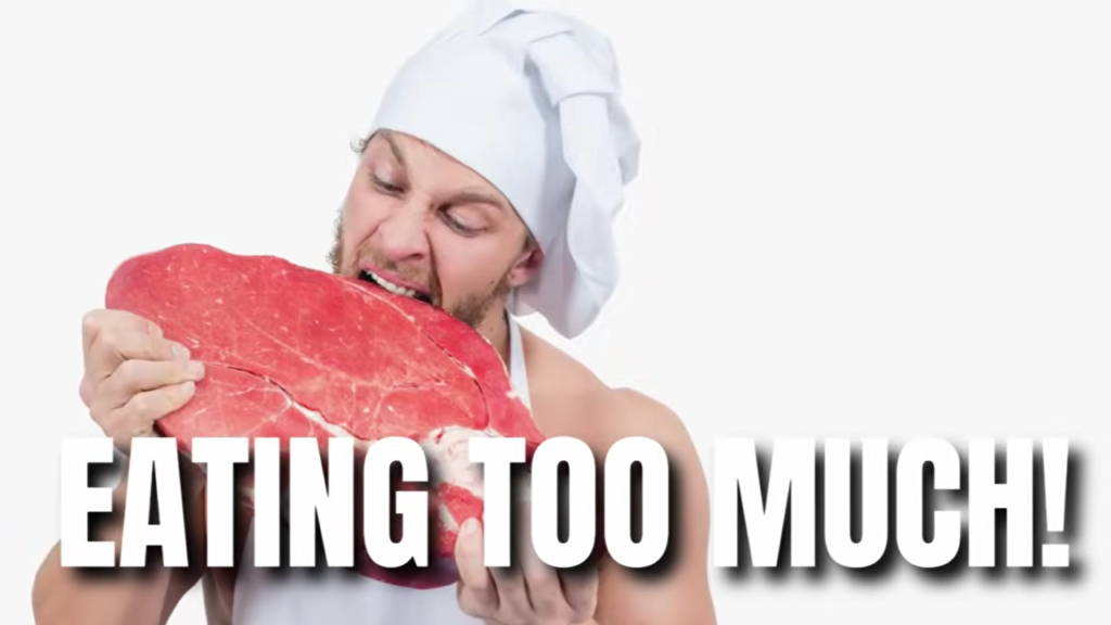 A man takes a big bite out of a chunk of meat to demonstrate how people in developed countries may not have as well developed muscle mass due to eating too much