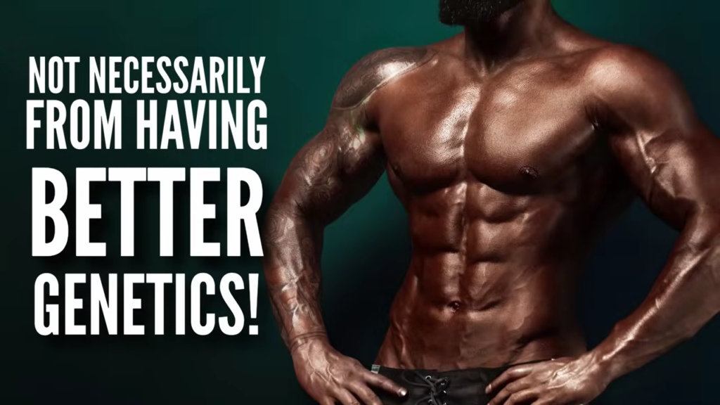 A man with well developed abs poses with text explaining that people may have more muscle mass, not because of genetics, but because people in well developed countries eat too much