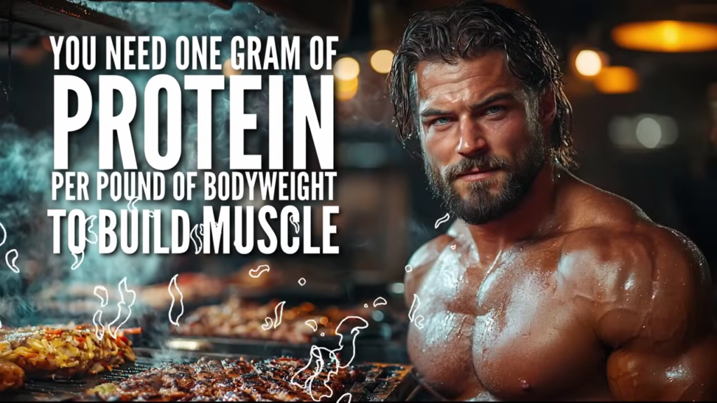 A muscular man posing with a common bodybuilding phrase for the practice that you need one gram of protein per lb of body weight per day which is not true