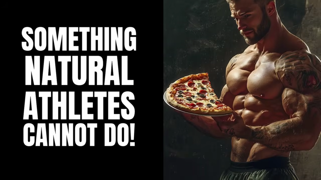 A non-natural athlete poses holding an entire pizza showing that steroid users can eat in a way that natural athletes can't
