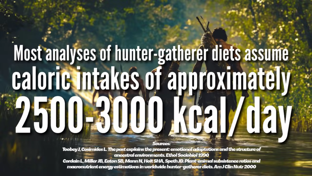 Most analyses of hunter gatherer populations surmise their caloric intakes to be between 2,500 to 3,000 kcal per day